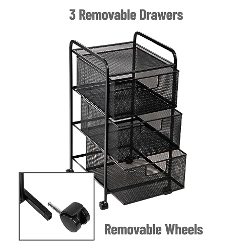 Mind Reader Rolling Storage Cart with Removable Drawers, Multi-Purpose Organizer for Office, Metal Mesh, Black