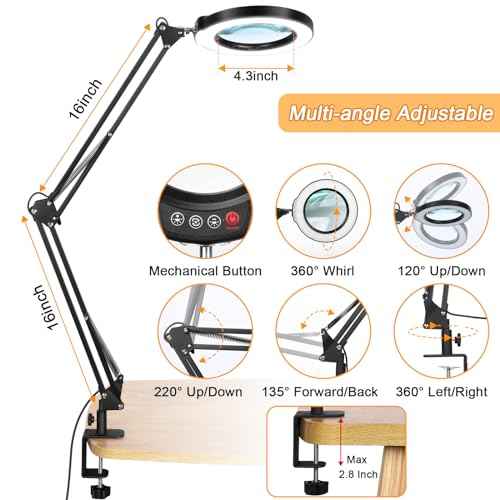 10X Large Magnifying Glass with Light and Stand, 2 x 16 Inch Adjustable Swivel Arm LED Desk Lamp with Clamp, 5 Color Modes Stepless Dimmable, Lighted Magnifier Hands Free for Close Work, Hobby