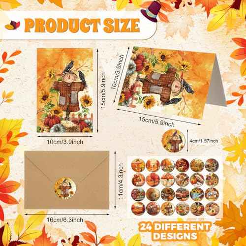 Tenceur 240 Sets Thanksgiving Cards with Envelopes Set Turkey Maple Leaf Happy Thanksgiving Greeting Card Bulk Happy Holiday Postcards for Fall Season Gift Autumn Party Favors, 24 Designs