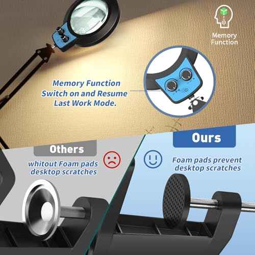 HITTI 12X Long Magnifying Glass with Light, 2025 Upgrade Infinite Color and Brightness LED Magnifying Lamp with Clamp, Hands Free Magnifier Light and Stand for Workbench Crafts Reading Painting - Blue