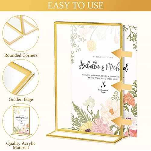 Hoteam 18 Pack Acrylic Sign Holder 5 x 7 Inch Gold Frames Wedding Table Number Holders, Double Sided Picture Frame Clear Display Menu Stand for Home Photo Flyers Wedding Party (Vertical)