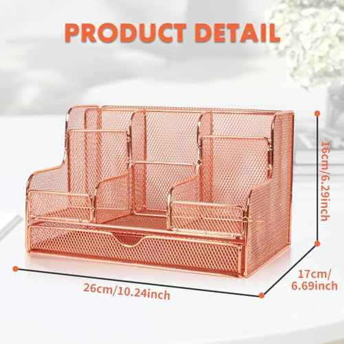 Barelove Rose Gold Desk Organizer with Sliding Drawer, Large Office Desktop Mesh Pen Pencil Holder Caddy Organization with 7 Compartments for Home School Supplies Stationery Book IPAD, Christmas Gifts