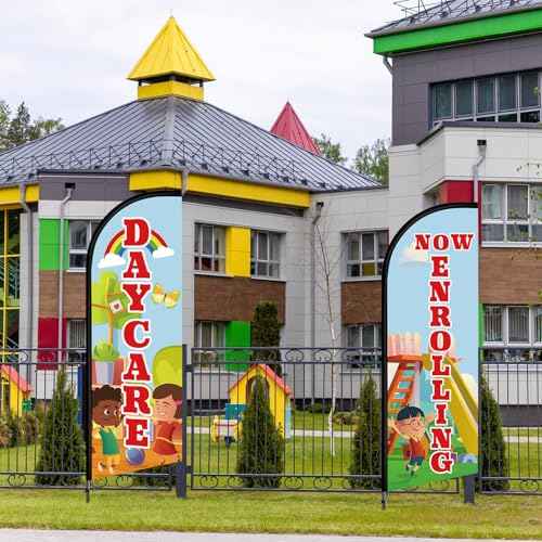 2 Set 7 ft Now Enrolling Day Care Feather Flag with Pole Kit and Ground Stake Weatherproof Polyester Now Enrolling Banner Marketing Sign for Schools Child Care Business Advertising