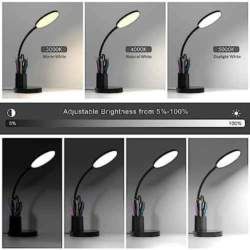 Desk Lamp, LED Desk Lamp for Home Office, Touch Table Lamp with 3 Color Modes 360¡Æ Adjustable Arm, Dimmable Desk Light with Pen Phone Holder, Black