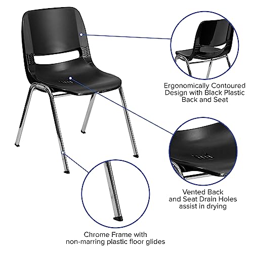Flash Furniture HERCULES Series 880 lb. Capacity Black Ergonomic Shell Stack Chair with Chrome Frame and 18'' Seat Height