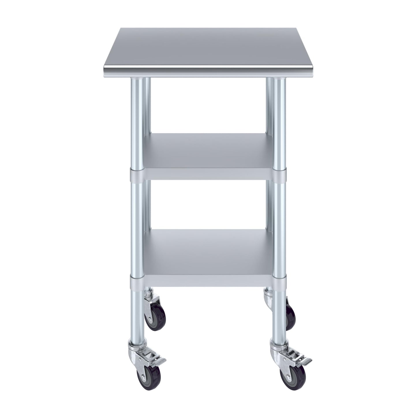 AmGood Stainless Steel Work Table with 2 Shelves and Casters | Metal Utility Table On Wheels (Stainless Steel Work Table with 2 Shelves + Casters, 24" Long x 18" Deep)