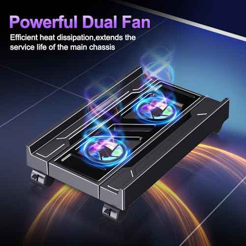 Adjustable Computer Tower Stand with Cooler Fan and Light, PC Stand for Floor, Mobile CPU Holder with 4 Caster Wheels Fits Most PC Tower, Under Desk CPU Holder for Office,Gamers and Students