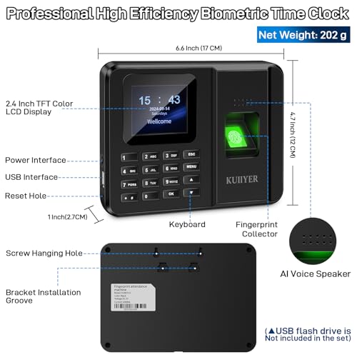 KUIIYER 2 in 1 Time Clocks for Employees Small Business (Fingerprint + Password) Employee Clock in & Out Machine Attendance Punch Clock