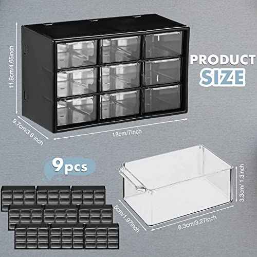 Rtteri 9 Pieces Mini Drawer Organizer Plastic Desktop Storage Box Desk Craft Organizer with 9 Clear Drawers for Office Home Jewelry Small Parts Belongings Cosmetics Collection, Wall Mounted (Black)