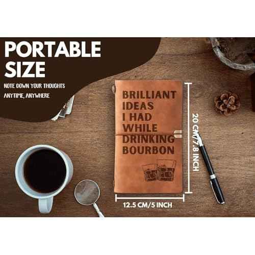 InnoBeta Bourbon gifts Leather Journal Notebook with Pen, for Whiskey Lovers, Men, Women on Birthday, Refillable Sketchbook, Travel Diary, Lined Planner, 7x5 Inches, Brown