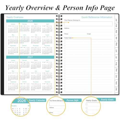 Planner 2026 - A5 Weekly & Monthly Planner Spiral Bound, January 2026 - December 2026, with Flexible Cover, Tabs, Inner Pocket, 6.4" x 8.5", Black
