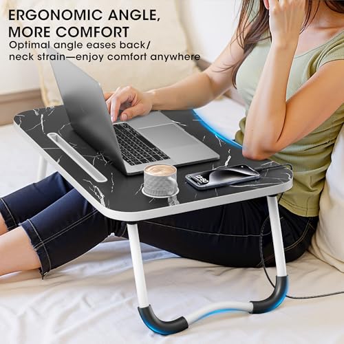 Dark Black Folding Laptop Bed Desk 23.6 Inch with Cup Holder & Marble Pattern