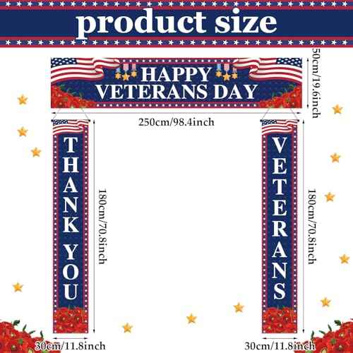 3 Pcs Veterans Day Porch Banners Thank You Banner 4th of July Patriotic Independence Day Backdrop Thank You Veterans Backdrop Blue Veteran's Fence Banner Decorations for Party