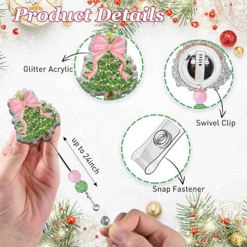 Christmas Tree Badge Reel with Retractable Clip, Cute Pink Bow Holiday Nurse ID Card Badge Holder, Glitter Name Tag Badge Reels for Women Nursing Accessories Student Teacher Gifts