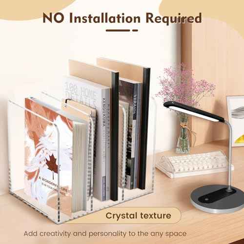B5 Thickened Acrylic Desk Organizer,Book Organizer,Acrylic Book Holder,Acrylic File Organizer Equipped with 3 Vertical Compartments Rack,with Scratch-Resistant Pads to Protect Your Desktop
