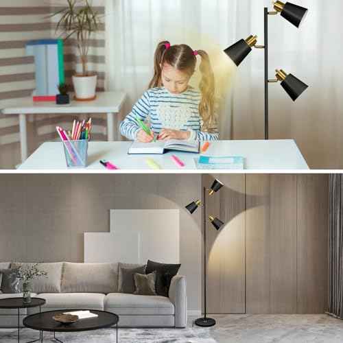 Tree Floor Lamp for Living Room, Industrial 3-Light Standing Lamp with 3 LED Bulbs, Adjustable Rotation Heads, Standing Tall Pole Lamp Farmhouse Rustic Reading Lamps for Bedroom Office (Black Gold)