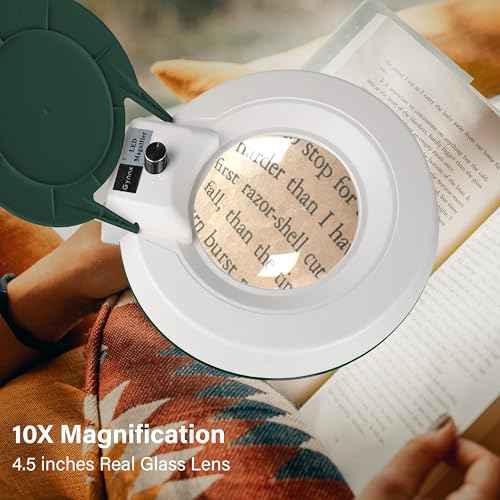 Magnifying Glass with Light and Clamp,10X Lighted Magnifying Glass Lamp LED Dimmable,5 Inches Lens with Stainless Steel Arm for Reading,Craft,Painting and Close Work(Green Cover)