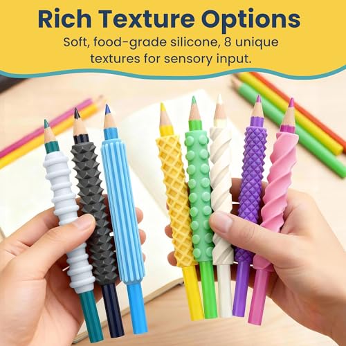 Sensory Pencil Grips for ADHD, Autism & Arthritis - 8 Pack, Non-Toxic Silicone