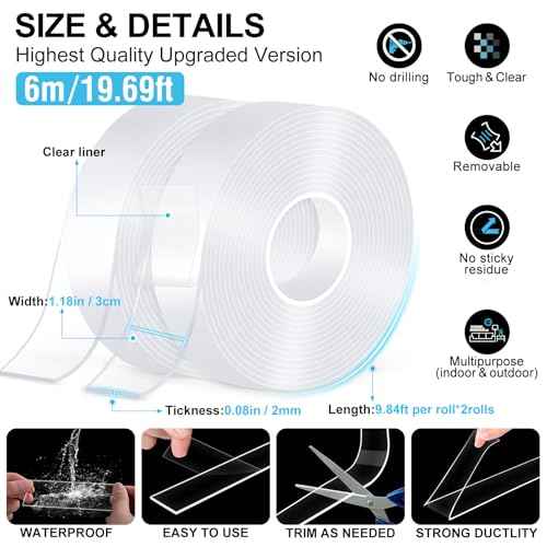 Double Sided Tape Heavy Duty,(19.69 FT,2Rolls) Strong Nano Tape Double Sided Mounting Tape,Multipurpose Clear Adhesive Tape Picture Hanging Strips,Removable Sticky Tape for Poster Walls Decor Carpet