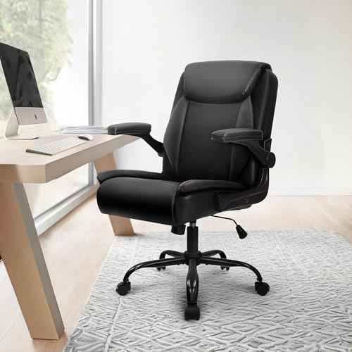 NEO CHAIR Office Desk Computer Chair Ergonomic Executive Mid-Back Leather Gaming Chair with Adjustable Flip-Up Armrests Wheels Swivel for Home Study Task (Jet Black)
