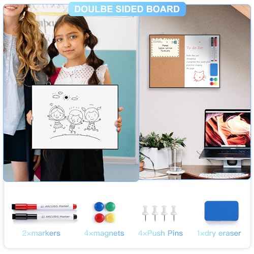 ARCOBIS Cork Board White Board Combo, 12"X16" Small Bulletin Board for Wall, Double-Sided Magnetic Dry Erase Corkboard, Vision Whiteboard for Office,Home,School, Black