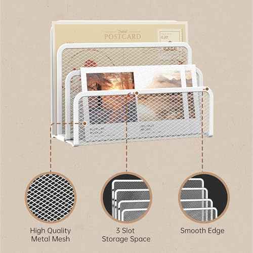 SUPEASY Mail Organizer for Desk, Mesh Metal Mail Holder Countertop with 3-Slot, Letter Sorter File Holder, Office Envelope Organizer for Mails (White)