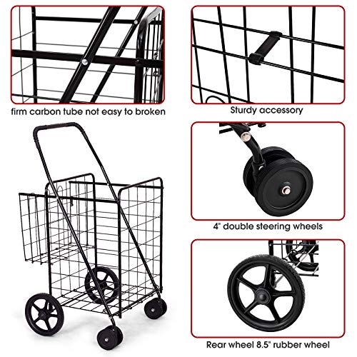 Black Folding Shopping Cart, WATERJOY Mobile Fold Shop Basket with Dual Swivel Wheels Portable Rolling Trolley Push Cart