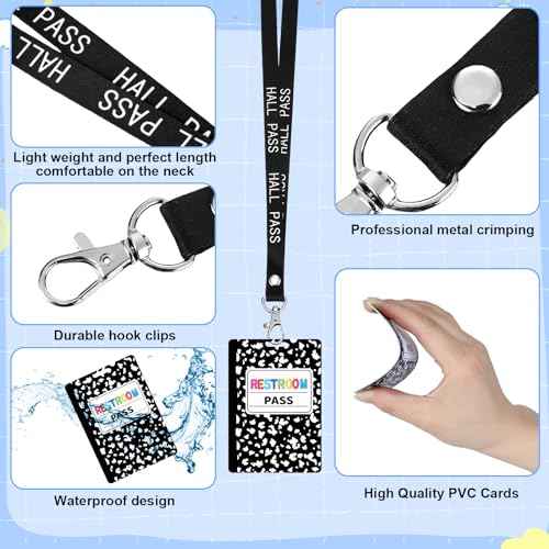 16 Pcs PVC Hall Pass Lanyards Composition Book Unbreakable Hall Passes Writeable Passes for Classrooms Bathroom Pass for Bathroom Library Office Nurse School Supplies