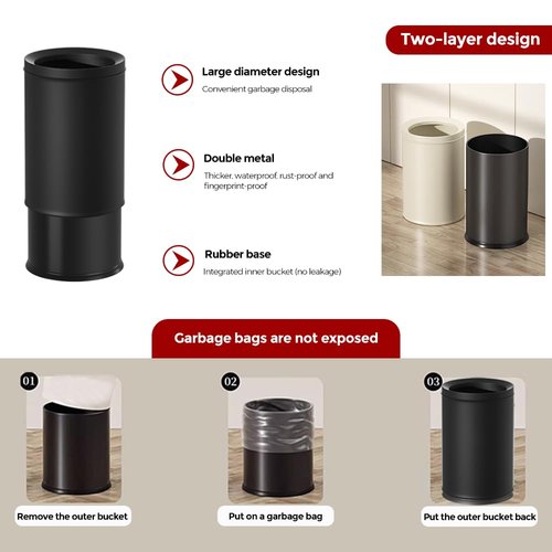 LEASYLIFE 9L/2.3GAL Metal Bathroom Trash Can, Black Garbage Can, Small Office Wastebasket, Double Bucket Body for Bedroom, Children's Room, Powder Room, Hotel, Bank (9L-Black)
