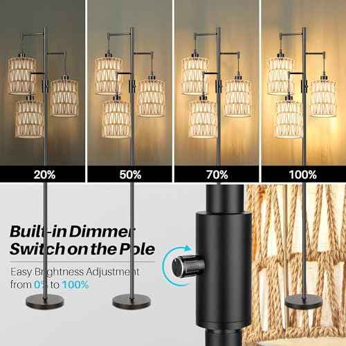 Boho Floor Lamp for Living Room Bedroom-3 Light Dimmable Floor Lamp with Three Led Bulb, Rustic Tall Lamp Black Standing Lamp Tree Floor Lamps for Living Room Bedroom,Office,Corner