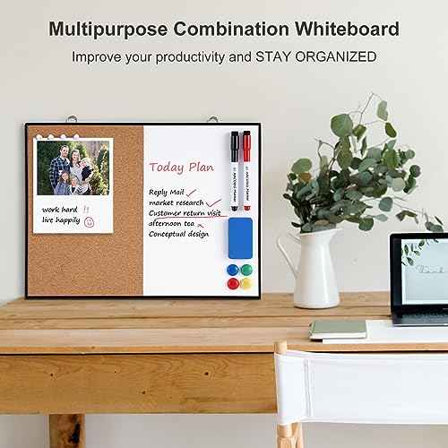 ARCOBIS Cork Board White Board Combo, 12"X16" Small Bulletin Board for Wall, Double-Sided Magnetic Dry Erase Corkboard, Vision Whiteboard for Office,Home,School, Black