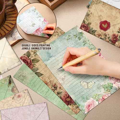 TaoBary 160 Pcs Stationery Paper Set 50 Double Sided Stationery Papers with 50 Matching Envelopes and 60 Round Dot Sticker, 10 Design(Vintage Floral,5.5 x 8.25 Inch)