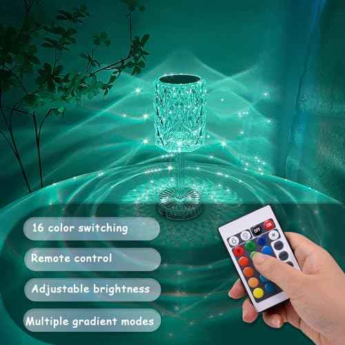 Portable Crystal LED Table Lamp, 3-Levels Brightness Desk Lamp, 3 Color Touch Control Rechargeable Lamp, Night Light, Bedside Lamp,Dining Room Lamp (16-Color)