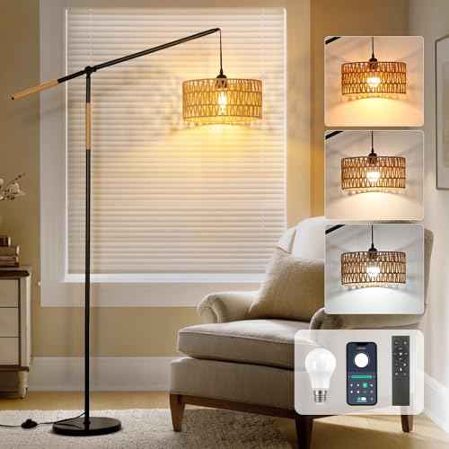 Arc Boho Floor Lamp: 68" Rattan Tall Lamps with Remote and APP Control - Standing Black Floor Lampara with Dimmable LED Bulb for Living Room, Bedroom, Office and Nursery