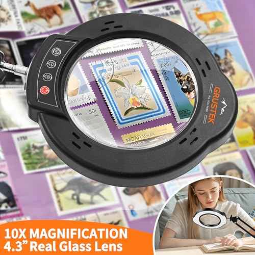 10X Magnifying Glass with Light and Stand, 84 LEDs 2 in 1 Magnifier Lamp with Clamp and 5 Color Stepless Dimmable Modes for Hands Free Reading Sewing Crafts Repair and Close Work