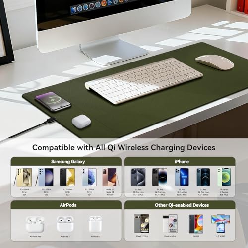 Wireless Charging Mouse Pad, 15W Fast Charge Magnetic Charger Desk Pad, Large Office Desk Mat (35.4"x16.9") with Ultra-Smooth Surface, Military Green Computer Mousepad for MacBook, PC, Laptop