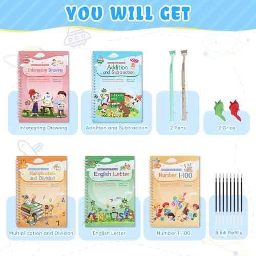 CosyCorner Magical Handwriting Workbooks Handwriting Practice Magic Copybook, Handwriting Aid Magic Pen Reusable Copybook Grooves Template Design for Children(4 Books, 10.2¡¿7.2 in)