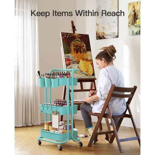 Pipishell 3 Tier Rolling Cart with Wheels - Rolling Storage Cart with 3 Hanging Cups & 4 Hooks - Art & Craft Carts Organizer for Office, Kitchen, Craft Room, Bedroom, Laundry Room (Turquoise)