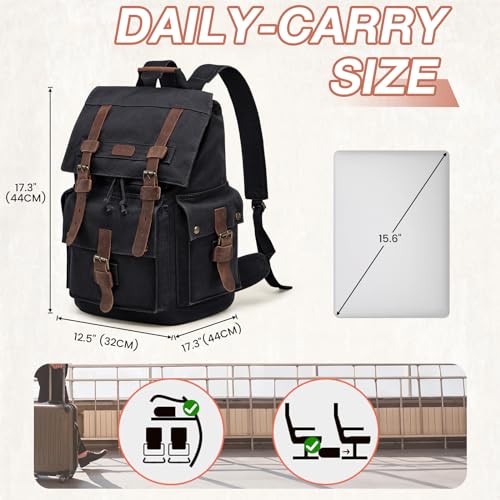 Kattee Men¡¯s Leather Canvas Backpack Large School Bag Travel Rucksack Black