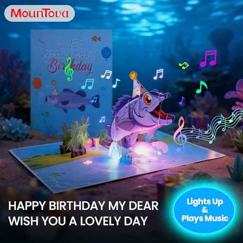 Musical Pop Up Birthday Cards for Him Her, Funny 3D Jumping Fish Singing Happy Birthday Song Greeting Card with Lights, Birthday Gifts for Men Women Kids Fisherman Friends