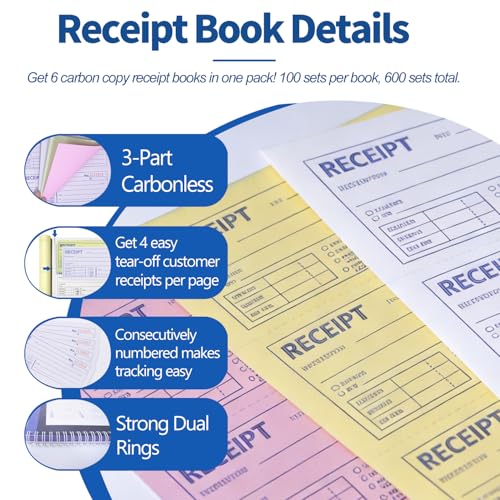 Sunanday 6 Pack Spiral 3-Part Carbonless Receipt Books, 100 Sets/Book
