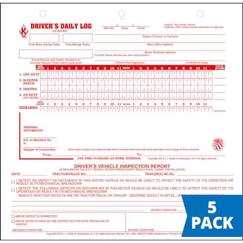 J. J. Keller Mid-Size Driver Daily Log with DVIR – 5 Pack, 2-Ply Carbonless 8.5 x 8.25
