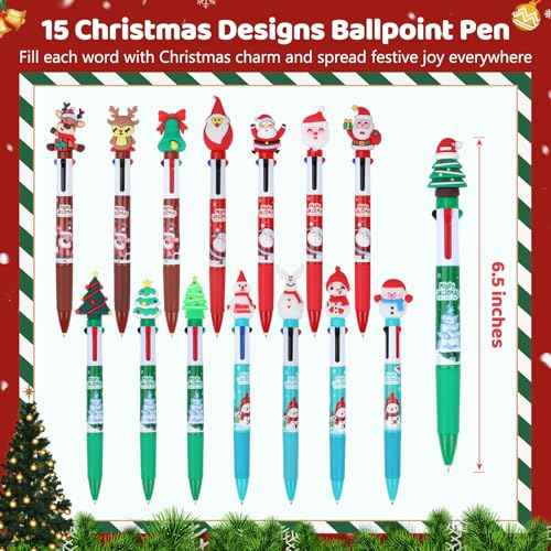 120 Pieces Christmas Multicolor Pens All In One 4-in-1 Ballpoint Pen 0.5mm Christmas Retractable Pen Santa Snowman Reindeer Writing Pens for Xmas Students School Office Coworker Supplies Gifts