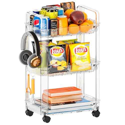 SuoXing 3 Tier Rolling Cart,Utility Cart on Wheels,Modern Clear Rolling Storage Cart for Bedside,College Must Haves Dorm Storage,Trolly Storage Rack for Art,Diaper Caddy,Snack,Lash Cart Organizer