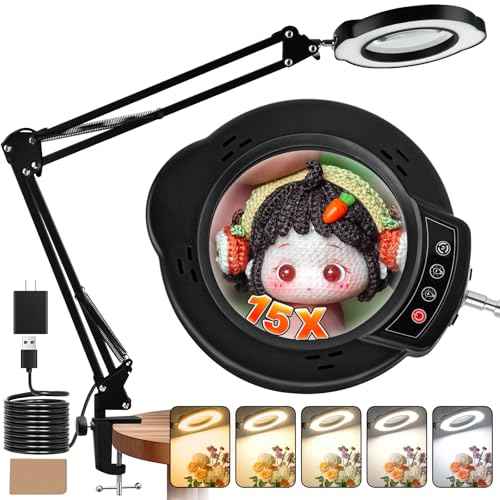 15X Magnifying Glass with Light and Clamp, Lighted Magnifying Glass Desk Lamp LED Magnifier Lamp with Light and Clamp 5 Color Mode 10 Brightness Dimmable Magnifier Lamp for Reading Close Work Craft
