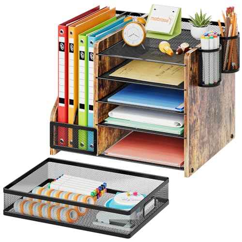 Marbrasse Desk Organizer with File Holder, 5-Tier Paper Letter Tray Organizer with Drawer and 2 Pen Holder, Mesh Desktop Organizer and Storage with Magazine Holder for Office Supplies (Wood-Brown)