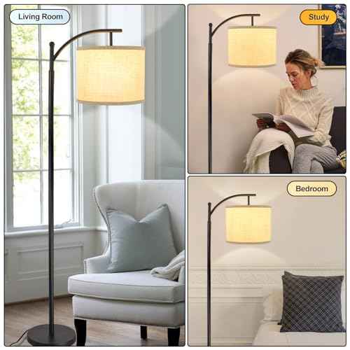DLLT Modern Arc Floor Lamp, Farmhouse Standing Floor Lamps with Lantern Lampshade, Industrial Tall Reading Light for Bedroom Living Room Office Study, 3 Color Temperatures, Black, 8W Bulb Included