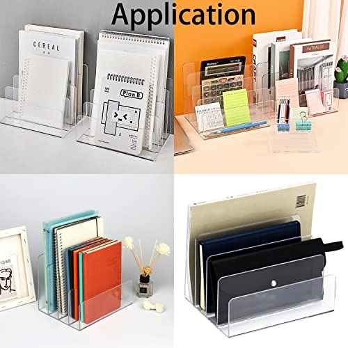 Acrylic Desk File Organizer 2 Pack, 4 Section Letter Organizer, Clear Folder Holder, Desktop File Holder for Document, Notebook and Newspaper, Clear Desk Storage Rack for Home and Office Use