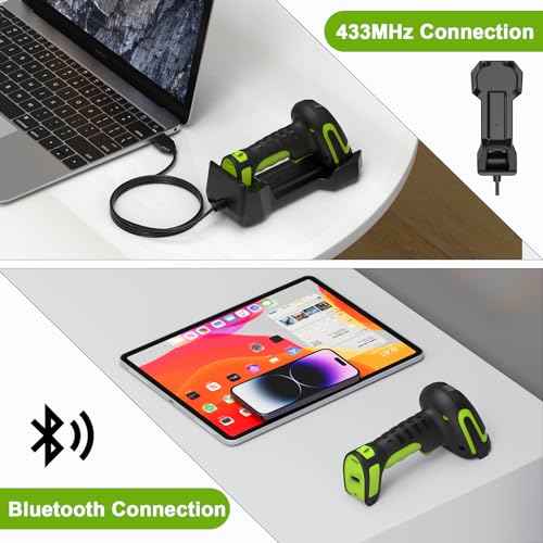 Industrial 433Mhz Wireless Barcode Scanner with Charging Cradle,IP65 Drop-Proof 2-in-1 Bluetooth and 433Mhz Barcode Reader for Laptop Desktop Tablet Android iOS,ipad