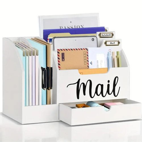 Niciksty Wood Desktop Mail Organizer, Fantasyon Mail Organizer Countertop with 6 Compartments and Drawer, Wood Desk Drawer Organizer for File Letter Paper Folder, White